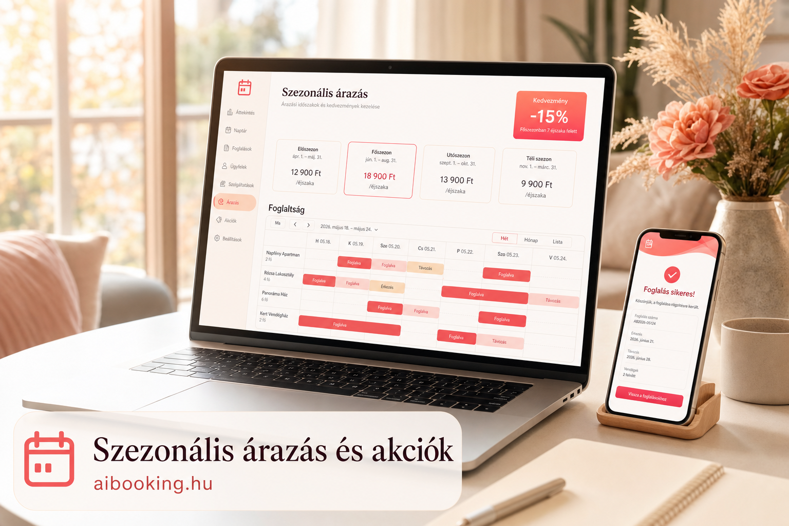 Szezonális árazás és akciók az AI Booking foglalási rendszerben — laptop dashboard árszintekkel és kedvezménnyel