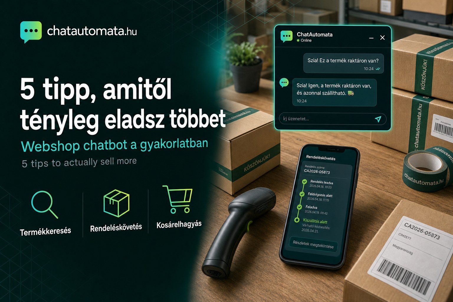 ChatAutomata webshop chatbot a gyakorlatban — csomagoló asztal futárra váró dobozokkal és rendeléskövetéssel a telefonon, mellette chat-ablak, amelyben a bot raktárkészletet igazol vissza