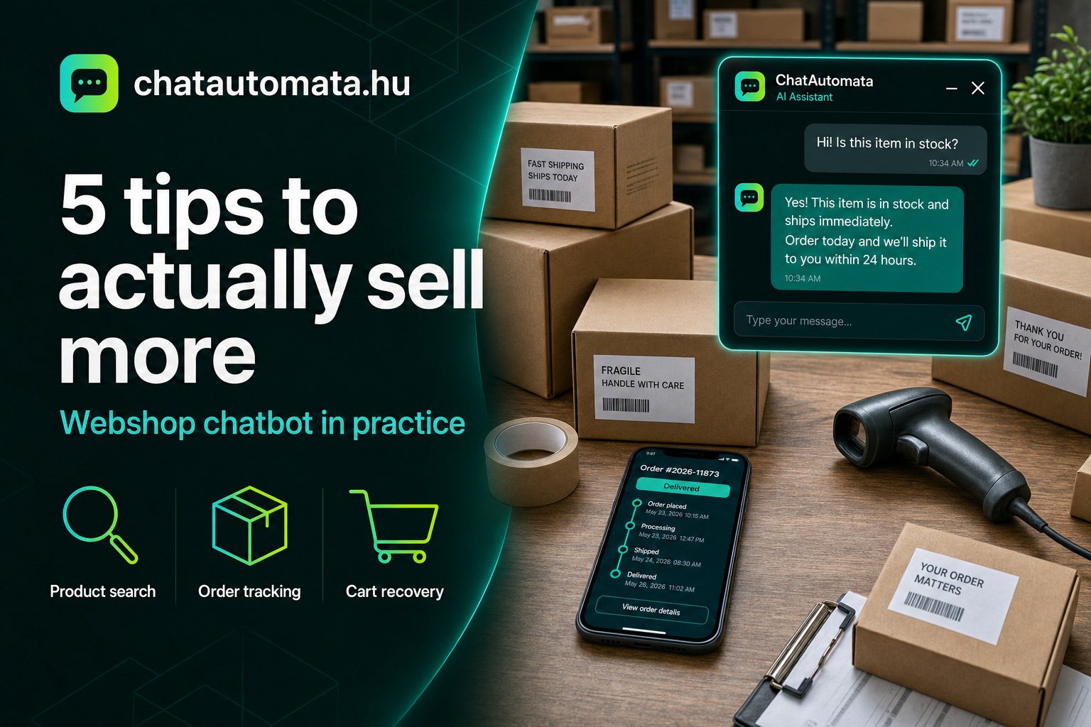 ChatAutomata webshop chatbot in practice — a packing table with parcels ready for dispatch, order tracking on a phone, and a chat window confirming stock availability