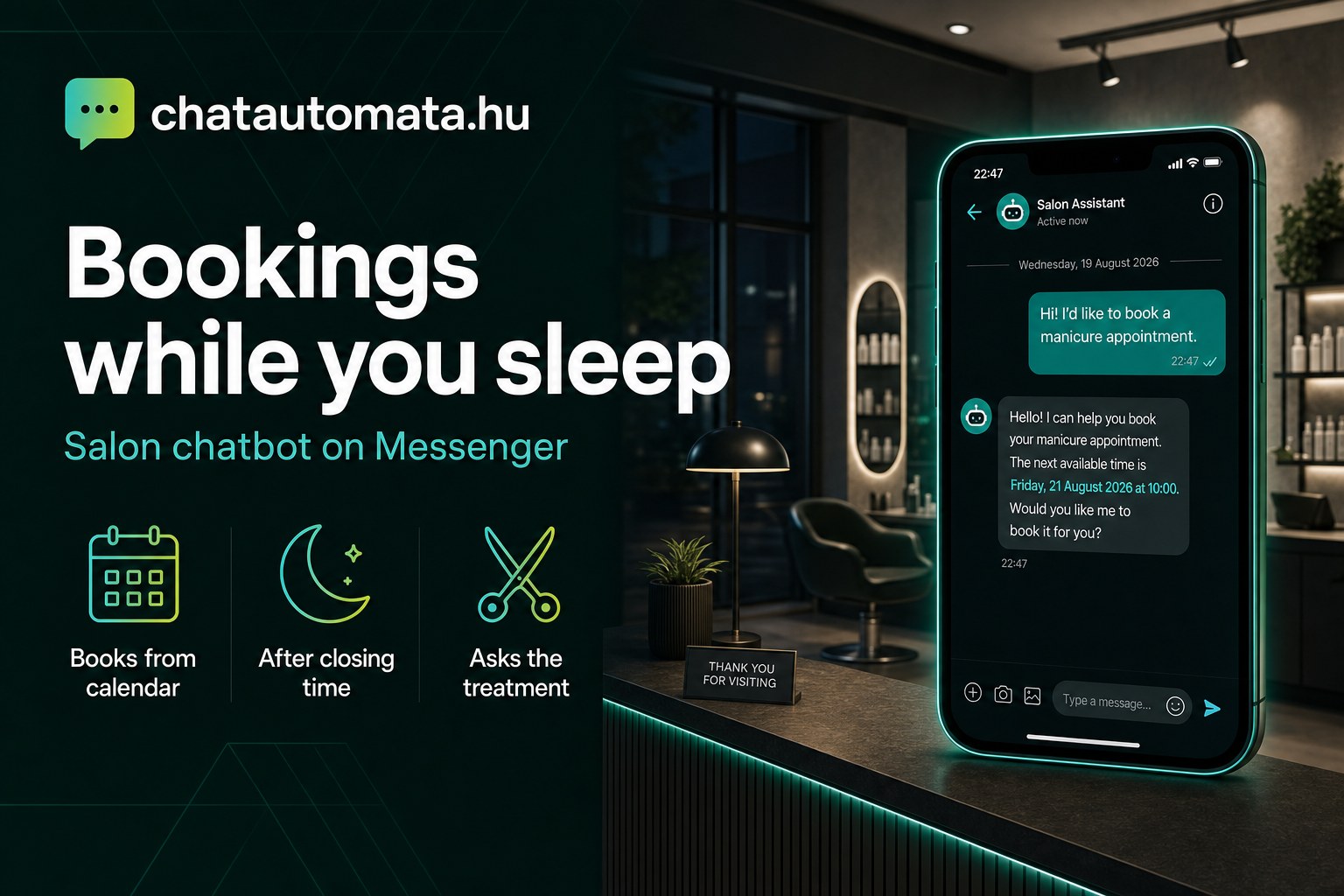Beauty salon reception desk in the evening, dark interior, with a phone in front showing a Messenger conversation where the chatbot offers a free manicure slot