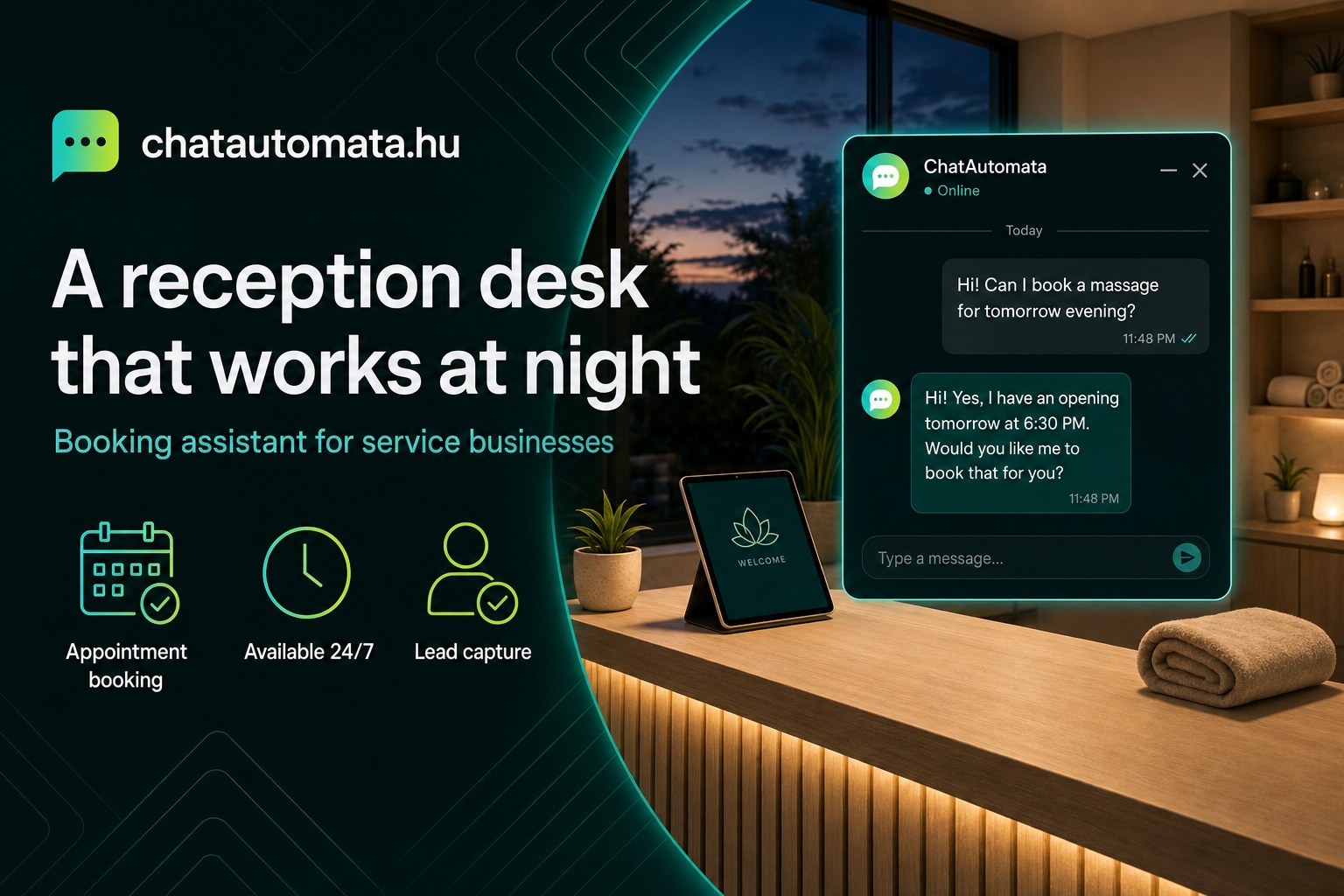 ChatAutomata booking assistant — an empty wellness studio reception desk at night with a chat window where the bot offers an appointment slot at 6:30 PM