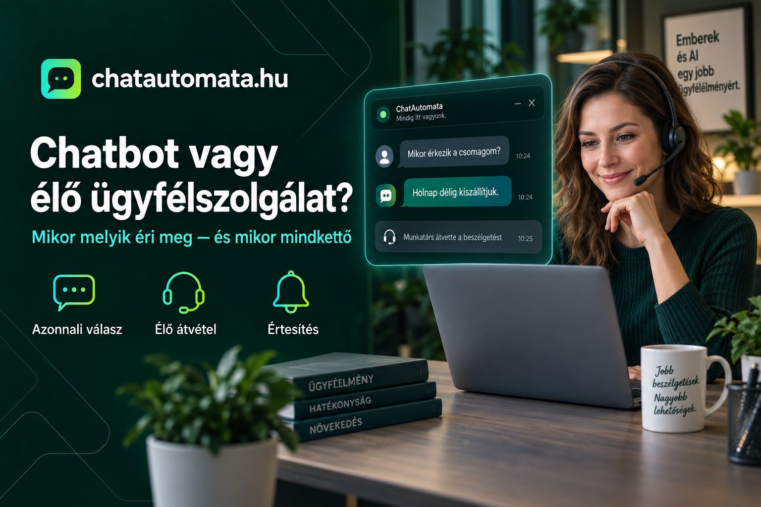 Ügyfélszolgálatos munkatárs headsettel, előtte chatablak: a chatbot válaszol, majd munkatárs veszi át a beszélgetést