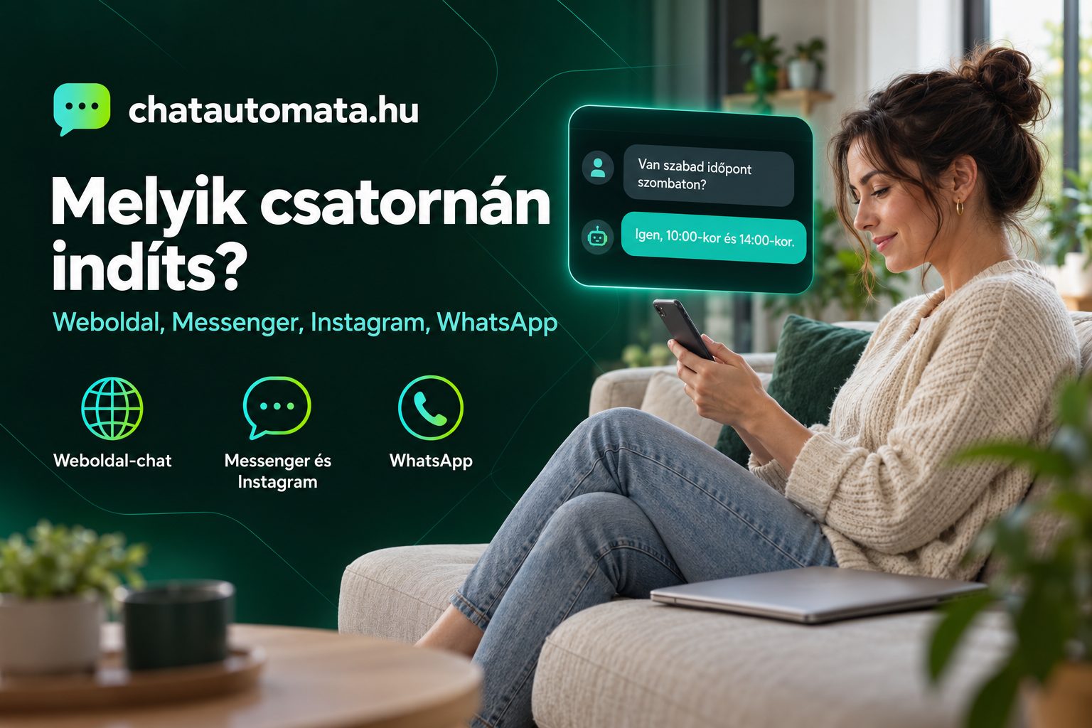 Chatbot csatornaválasztás: vállalkozó telefonon nézi, ahogy a chatbot válaszol egy időpont-kérdésre