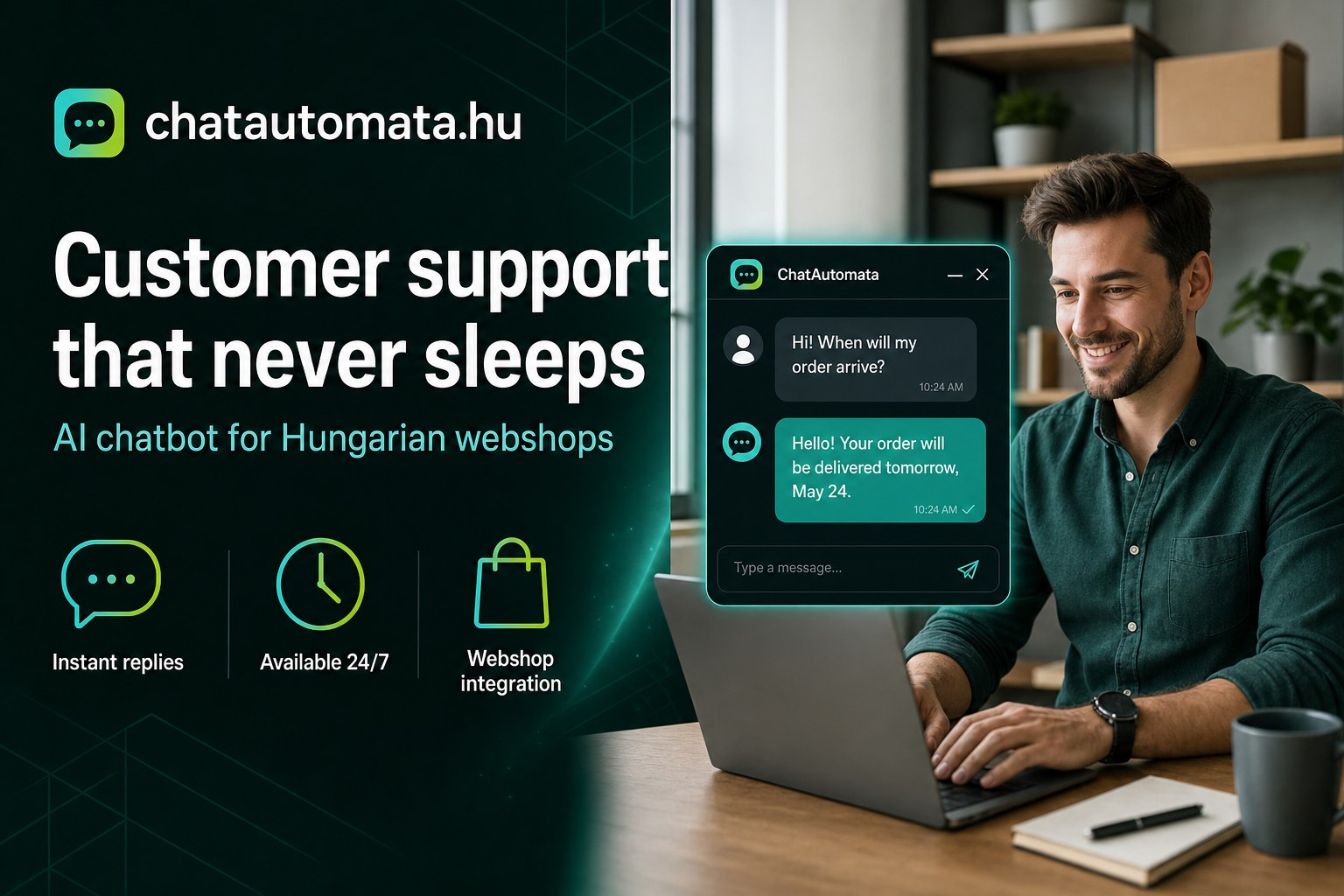 ChatAutomata AI chatbot for Hungarian webshops — a webshop owner at his laptop with a chat window answering a customer's delivery question instantly