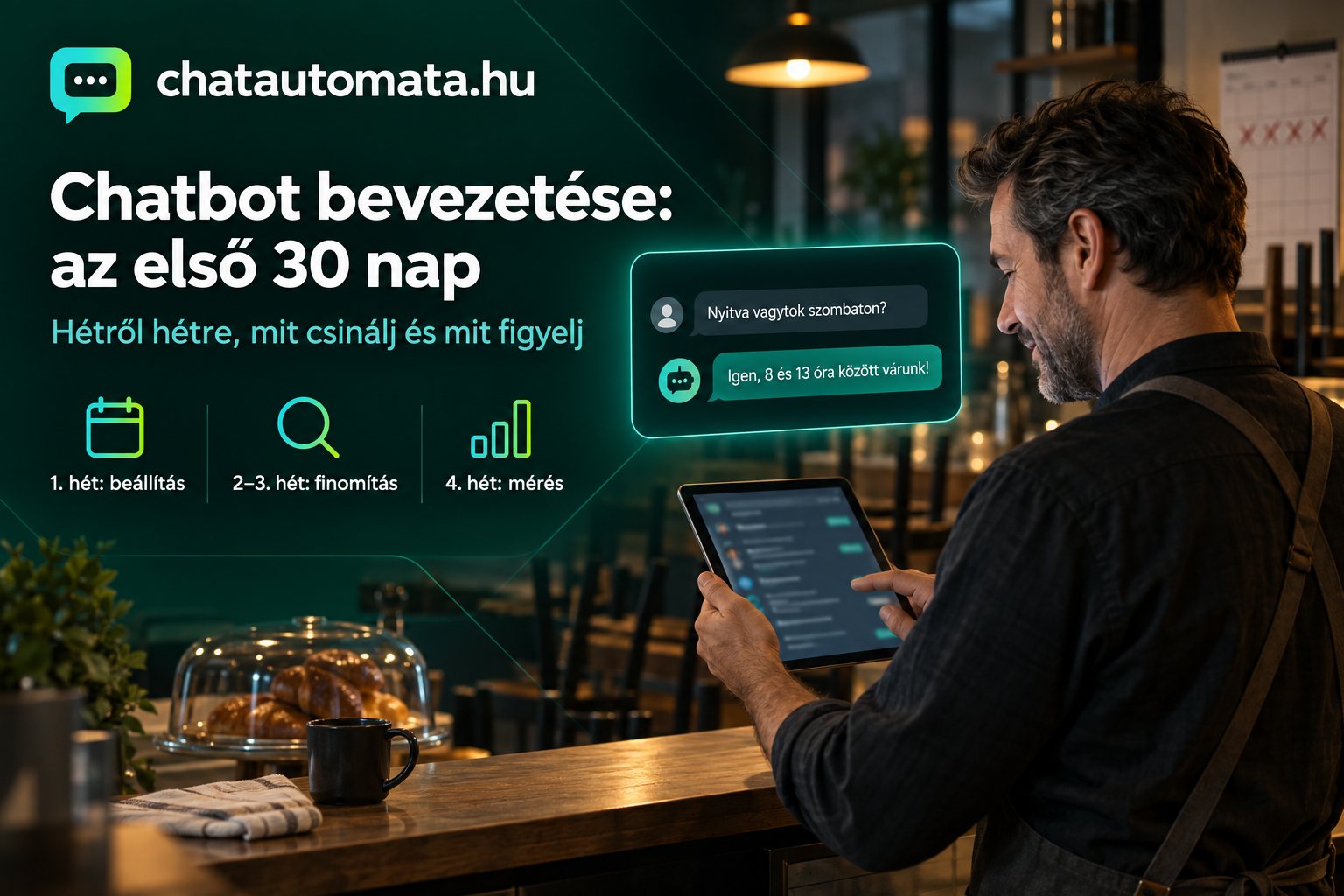 Chatbot bevezetése: az első 30 nap – cukrászda-tulajdonos zárás után tableten nézi a chatbot beszélgetéseit