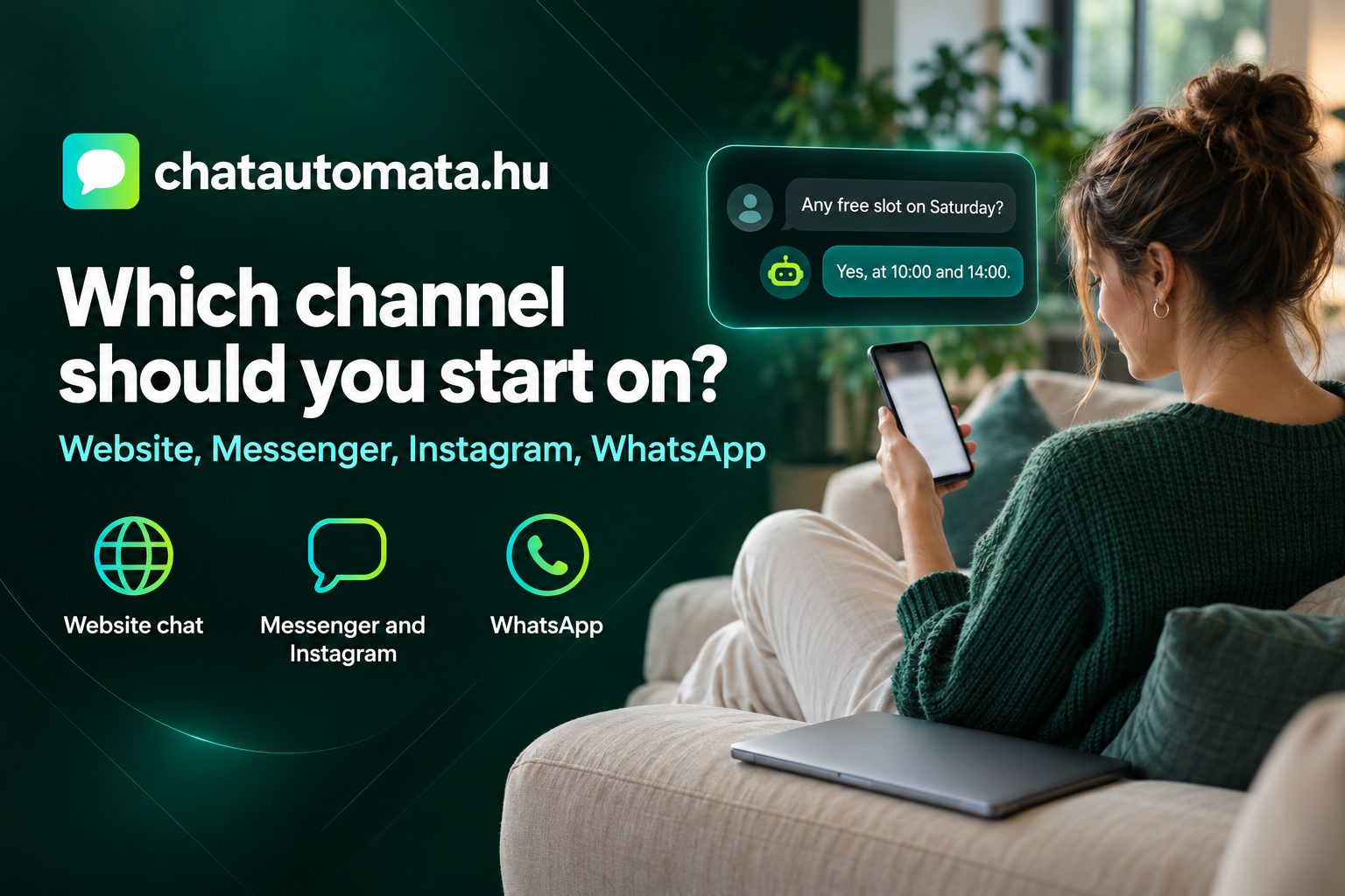 Choosing a chatbot channel: business owner on her phone as the chatbot answers a booking question