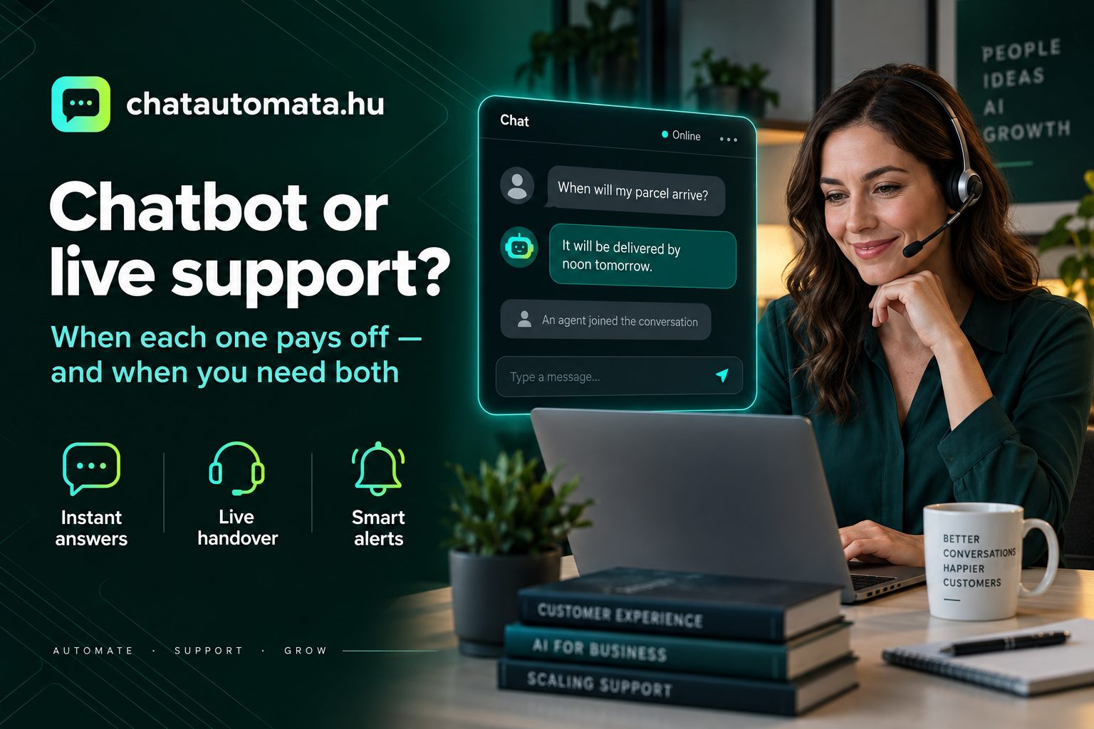 Support agent with a headset and a chat window where the bot answers and a human agent joins the conversation