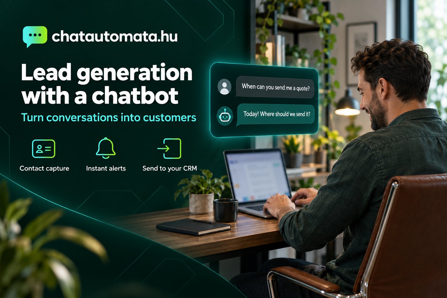 Lead generation with a chatbot: a business owner at his laptop next to a chat window where a visitor asks for a quote and the bot asks where to send it