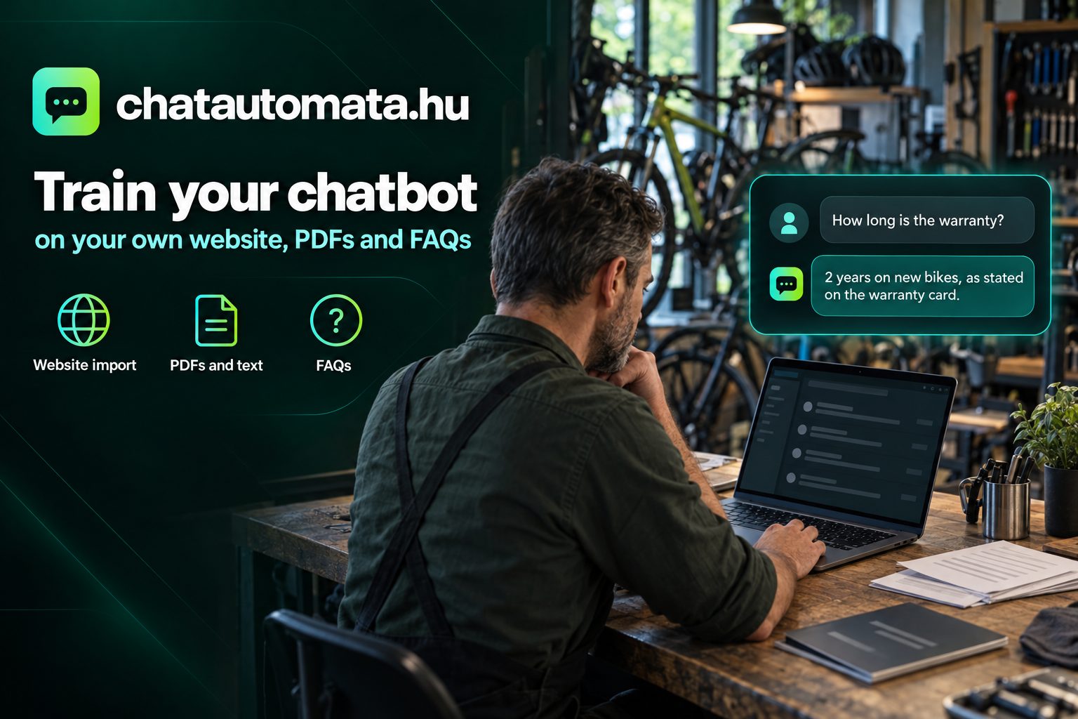 Training a chatbot knowledge base: a bicycle-shop owner adds his website and PDFs to ChatAutomata on a laptop while the bot answers a warranty question