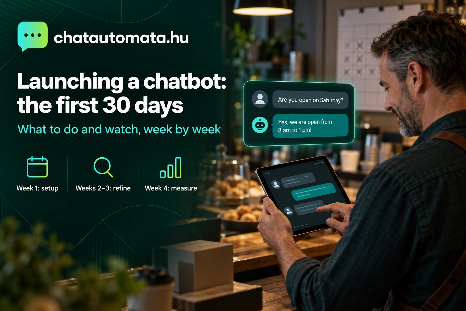 Launching a chatbot: the first 30 days – a café owner reviewing chatbot conversations on a tablet after closing