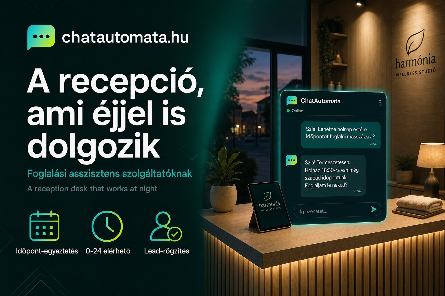 ChatAutomata foglalási asszisztens chatbot — wellness stúdió üres recepciós pultja este, mellette chat-ablak, amelyben a bot éjjel fél tizenkettőkor is időpontot ajánl a vendégnek