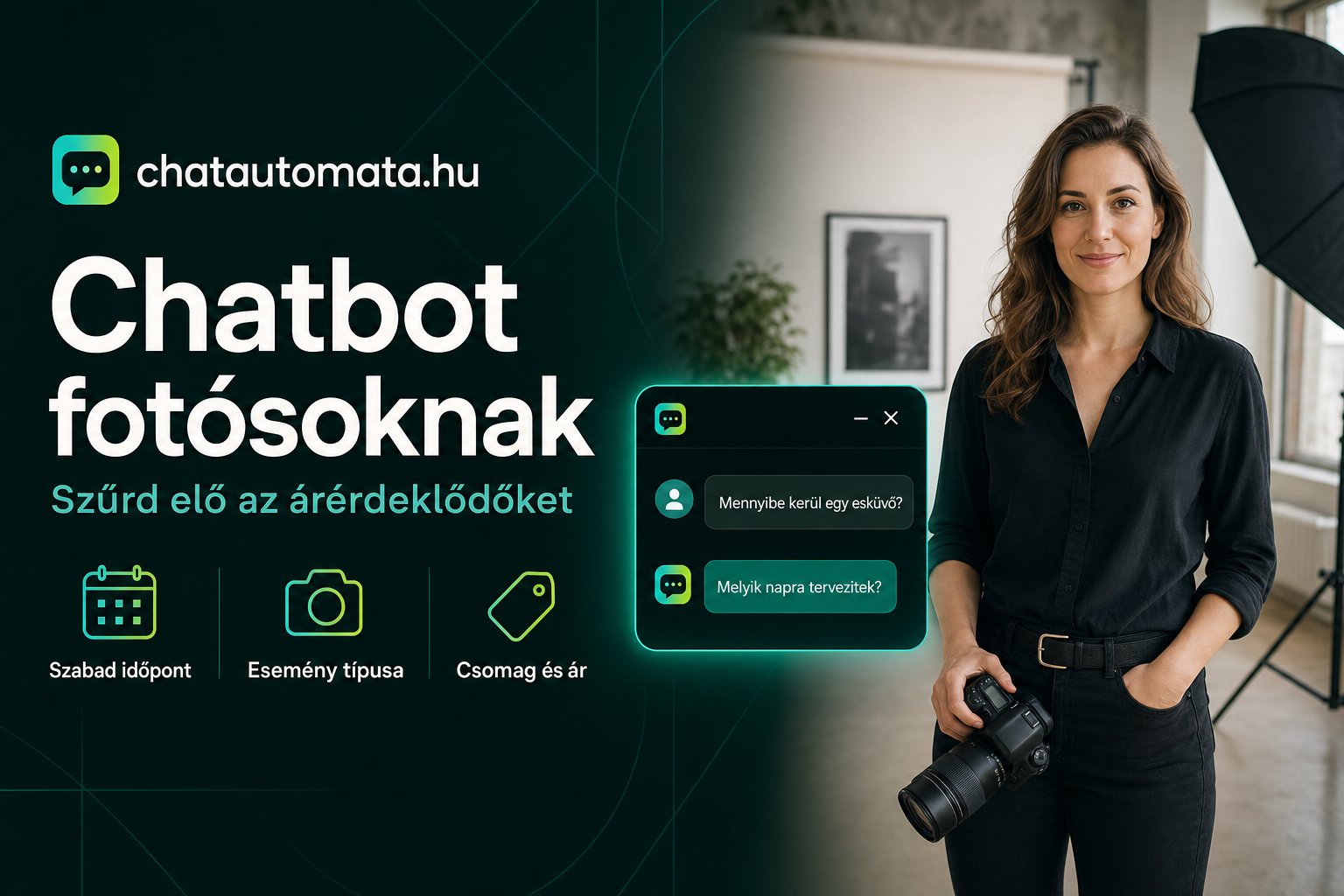 Fotós nő a stúdiójában kamerával, mellette chat-ablak, amelyben a vendég az esküvői fotózás áráról kérdez