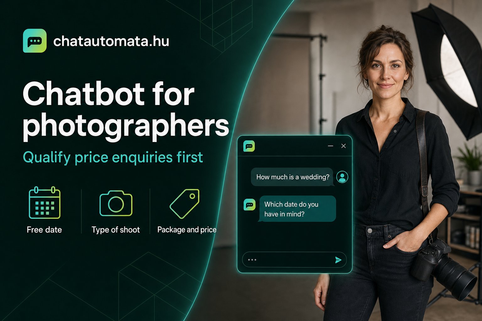 Photographer standing in her studio holding a camera, next to a chat window where a visitor asks about wedding photography pricing