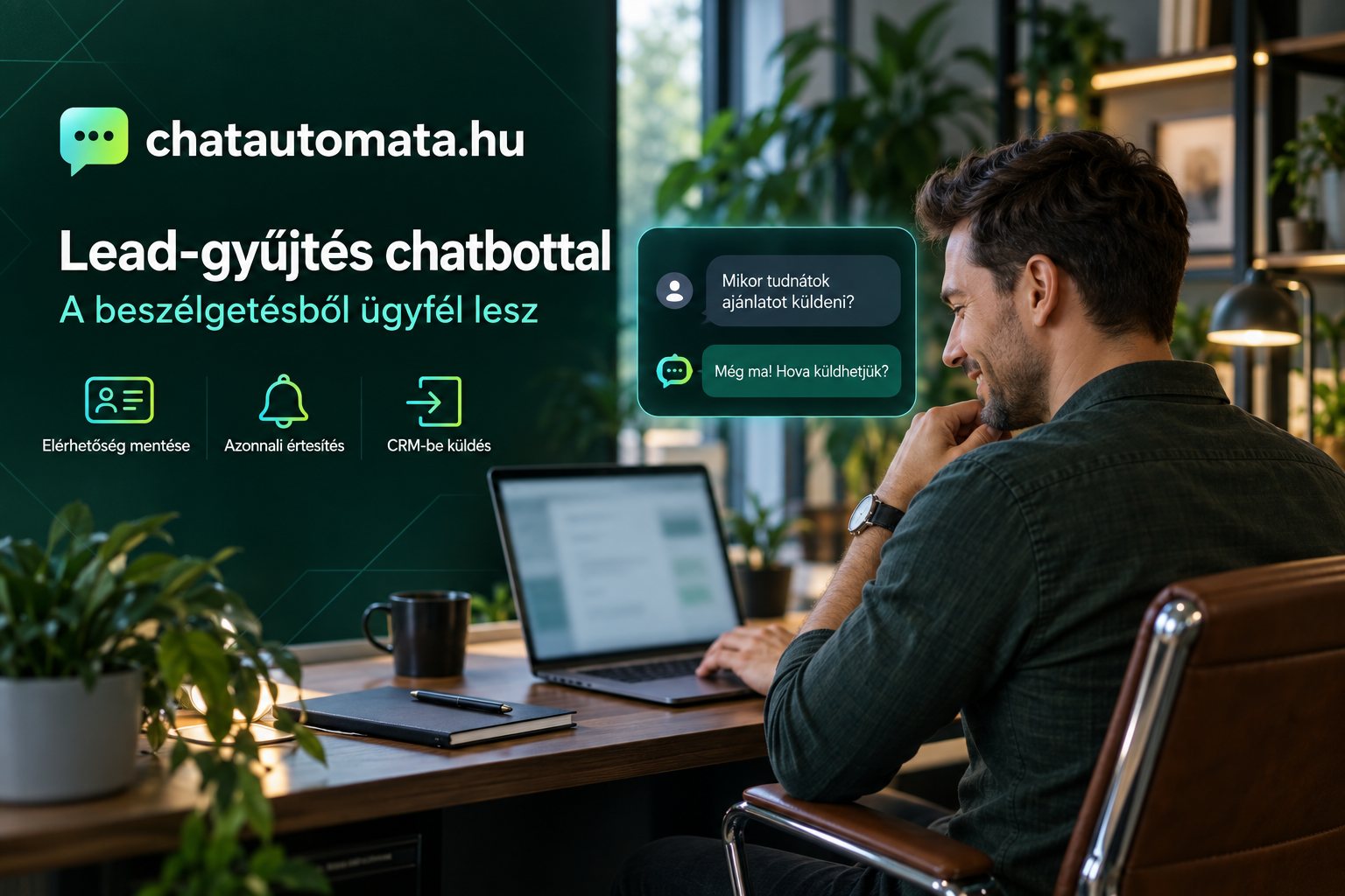 Lead-gyűjtés chatbottal: vállalkozó a laptopja előtt, mellette chatablak, amelyben a látogató ajánlatot kér, a bot pedig elkéri az elérhetőséget