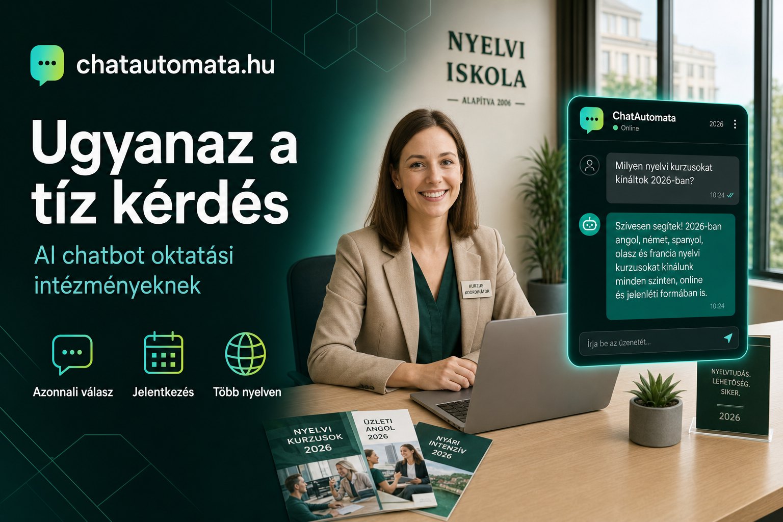 Kurzuskoordinátor a nyelviskola pultjánál, mellette chatablak, ahol a bot azonnal válaszol a tanfolyam-kérdésre