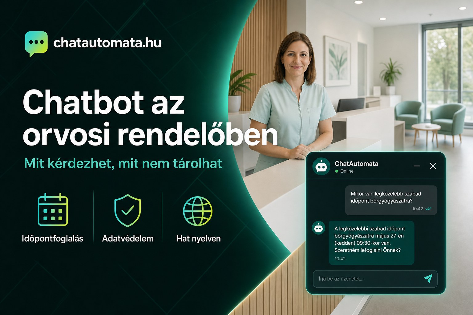 Receptionist at the desk of a bright modern medical practice, with a chat window beside her offering an available appointment