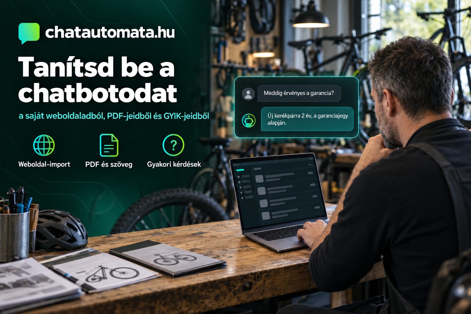 Chatbot tudásbázis betanítása: kerékpárbolt-tulajdonos a laptopján tölti fel a weboldalát és PDF-jeit a ChatAutomatába, mellette a bot a garanciáról válaszol