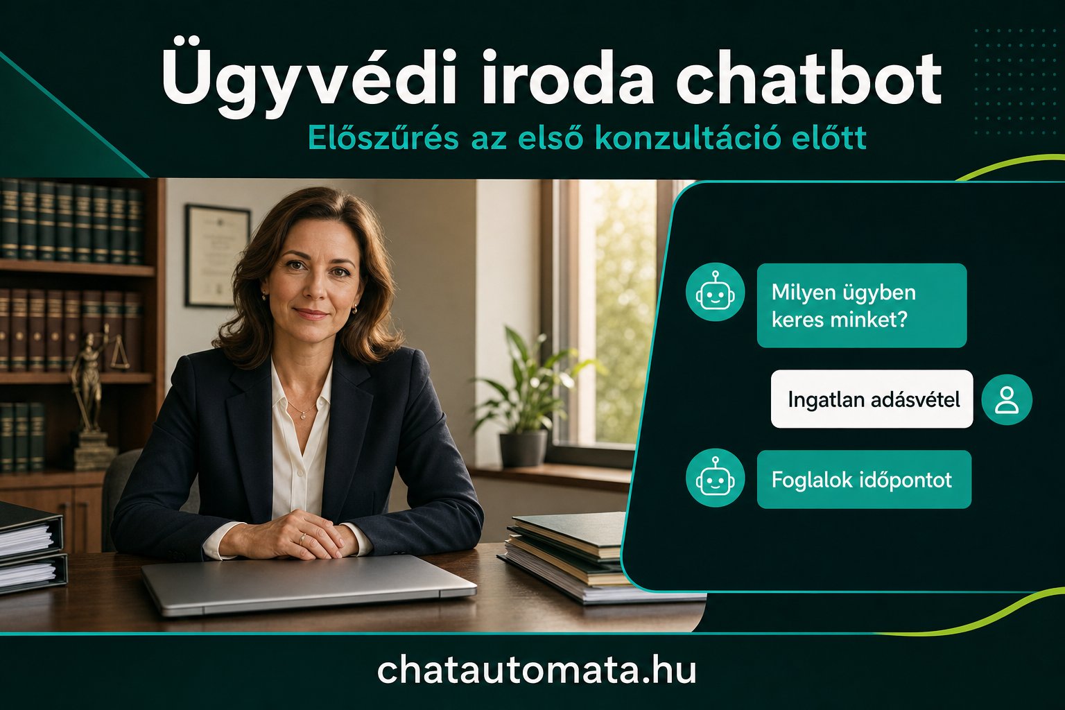 Ügyvédnő az irodájában, mellette chatbot-beszélgetés ügytípus-előszűrésről