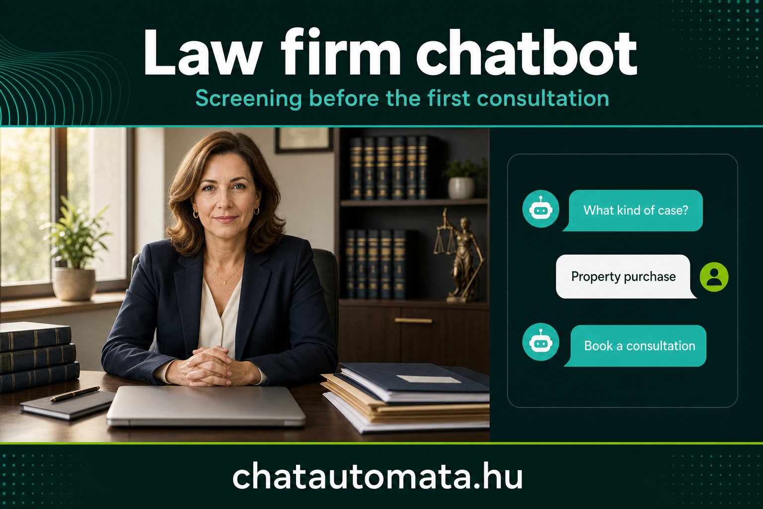 Lawyer at her desk with a chatbot conversation screening the type of case