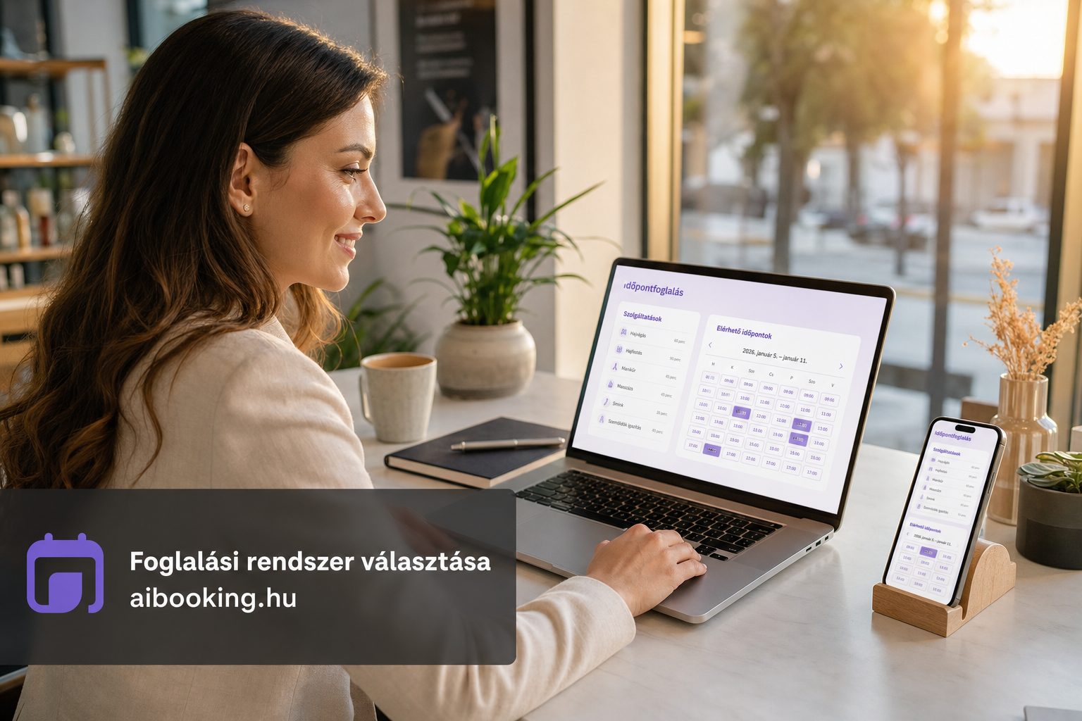 Szolgáltató nő laptopon online időpontfoglaló rendszereket hasonlít össze