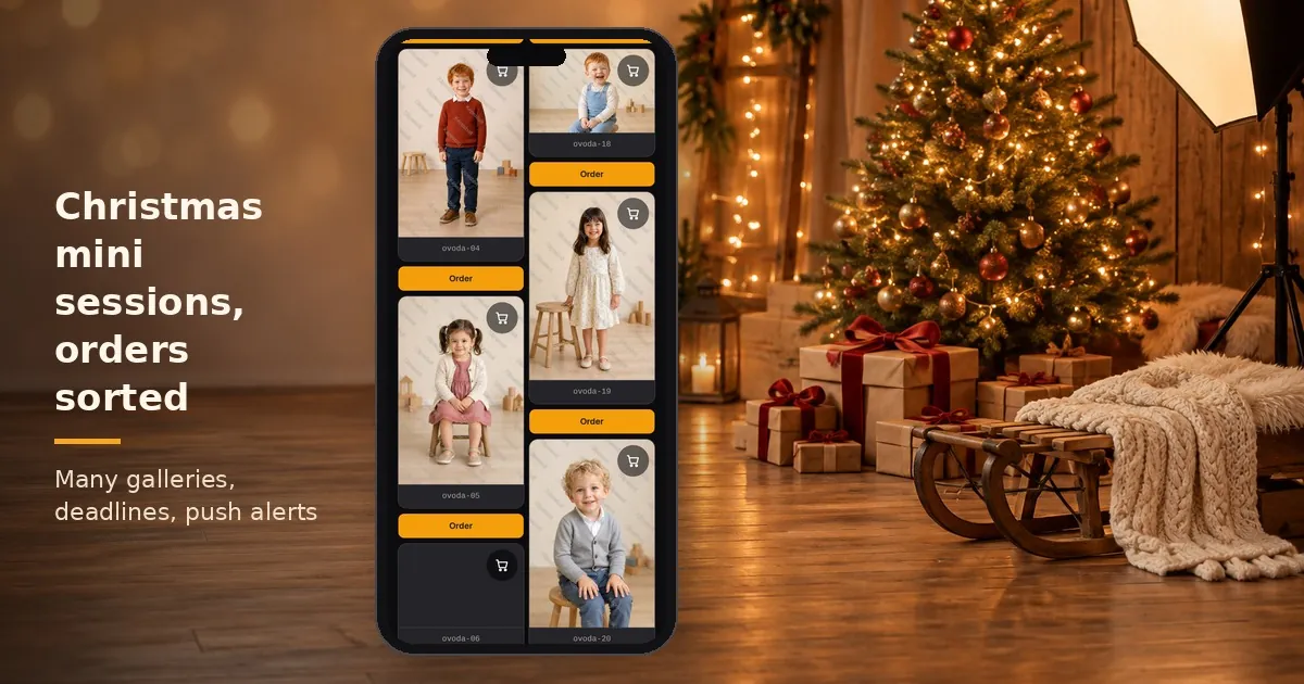 Christmas mini sessions studio with a Christmas tree, an orderable photo gallery on a phone