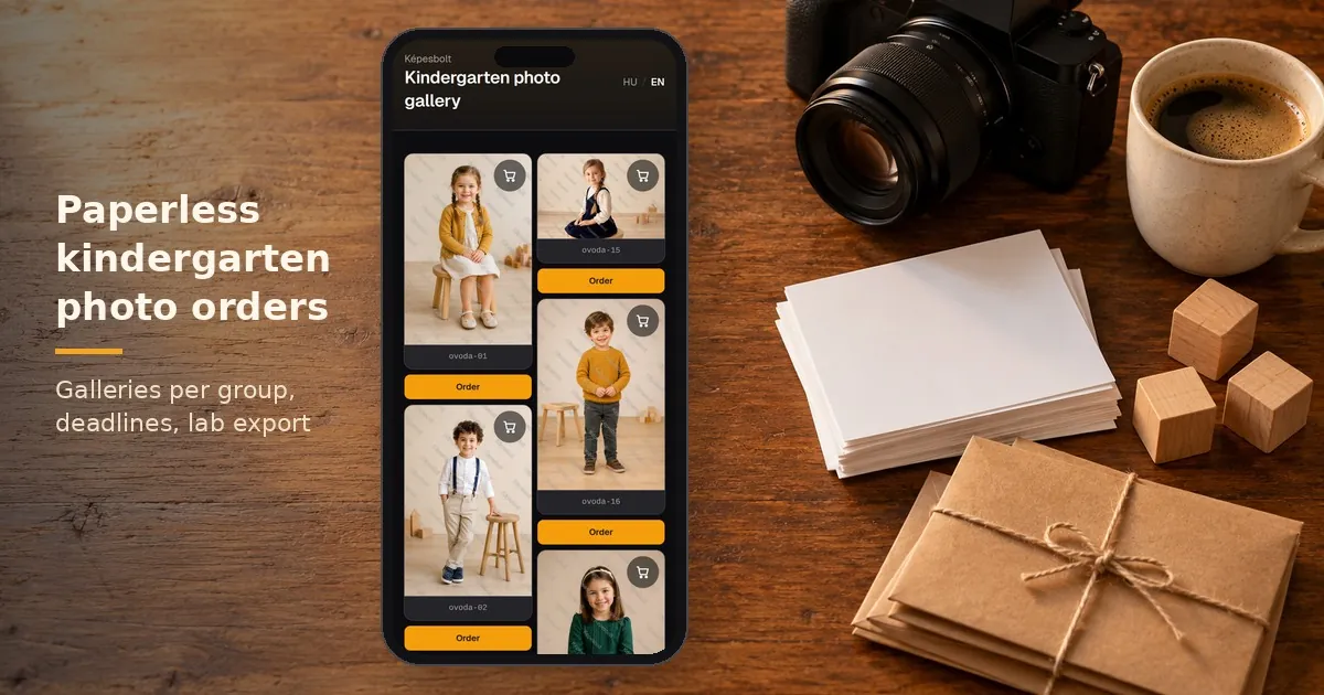 Kindergarten photo orders on a phone: kindergarten photo gallery with Order buttons