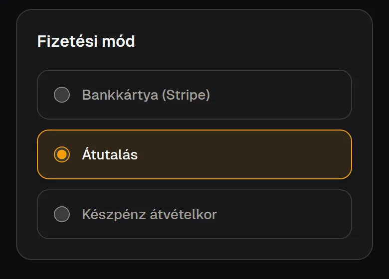 Fizetési mód választása a pénztárban: bankkártya, átutalás vagy készpénz